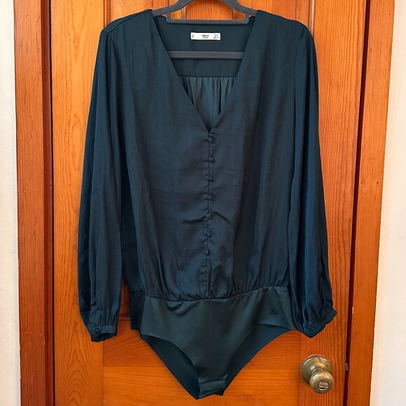 MNG Dark Green V-Neck Long Sleeve Satin Bodysuit - Size Small / EU 4 - Picture 1 of 6
